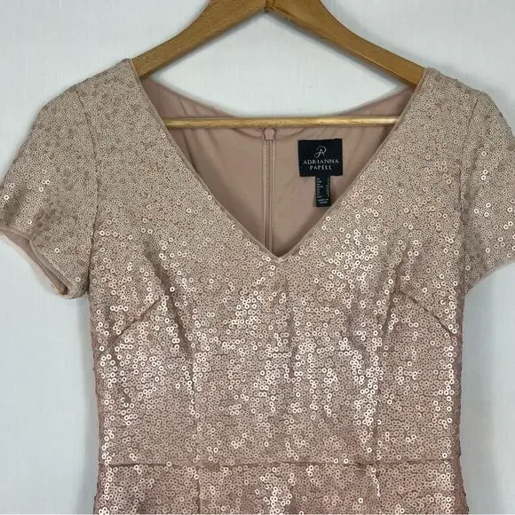 Adrianna Papell Ombre Sequin Gown Dress Blush Pink Short Sleeve V-Neck Size 2 - Picture 8 of 12